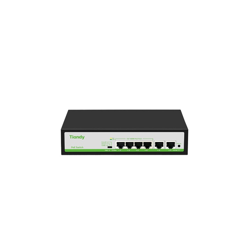 Switch 6 porturi Tiandy, 4 porturi PoE, 2 porturi RJ45 Uplink, protectie supratensiune