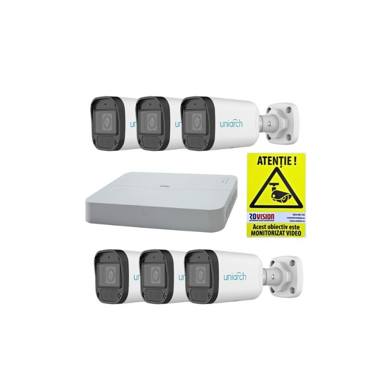 Kit supraveghere IP cu montaj inclus simplu 6 camere Uniarch 4MP IR 30m Lentila 2.8mm PoE Microfon IP67, NVR UNV 8 Canale
