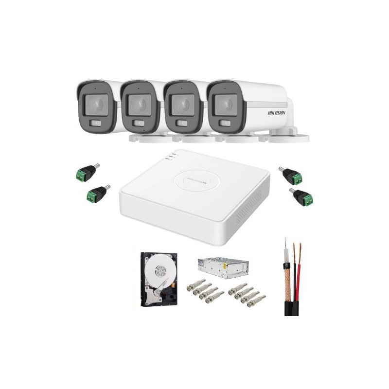 Sistem supraveghere cu functii inteligente Hikvision, 4 camere 5MP 3K, ColorVu, Microfon, Lumina Alba 20m, DVR 4 canale 5MP,