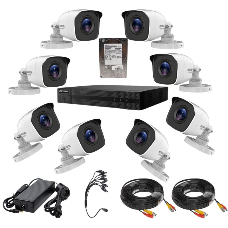 Kit cu montaj inclus Hikvision seria HiWatch 8 camere 5 Megapixeli IR 20M Lentilă 2.8mm DVR TurboHD 8 canale HDD 1TB Accesorii