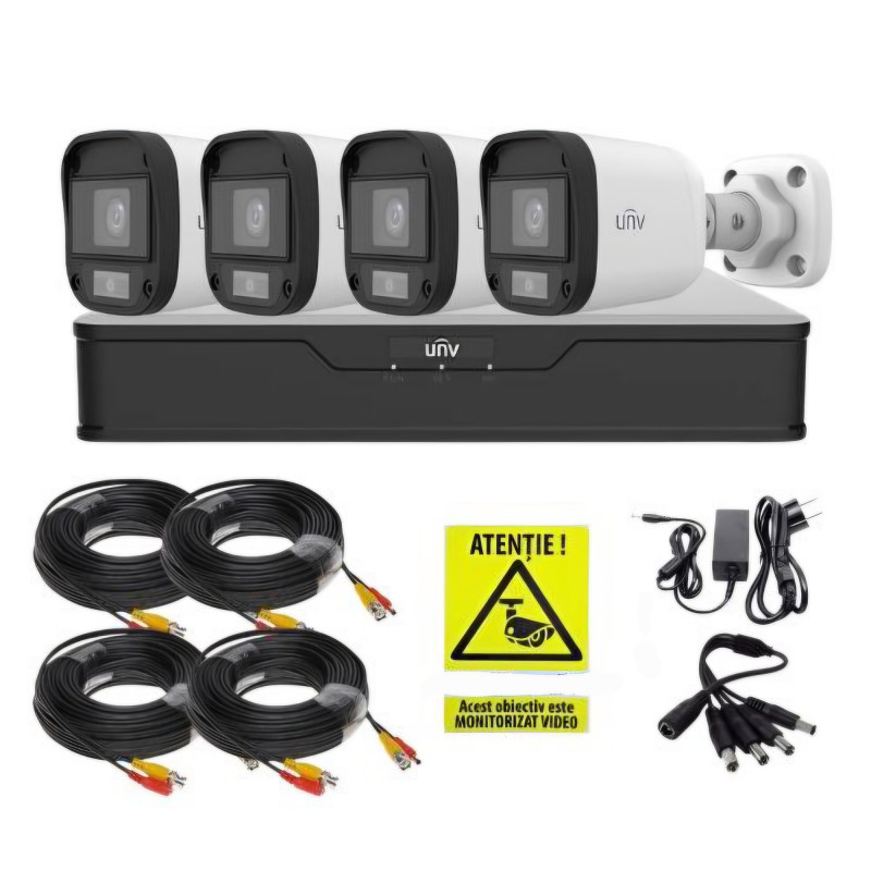 Kit 4 camere cu montaj inclus de 4 mini camere Uniview, 5MP, ColorHunter, 5MP 2K+, Lumina Alba 20m color si noaptea
