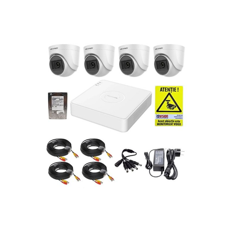 Kit cu montaj , sistem supraveghere video complet cu 4 camere Hikvision Mpx , DVR Hikvision, Hard 500 Gb