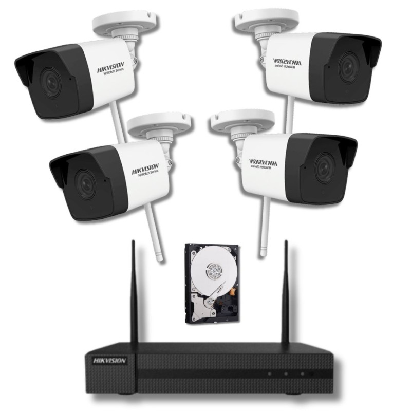 Kit complet cu montaj inclus Hikvision seria HiWatch 4 camere IP Wi-Fi 2 Megapixeli,Slot Card, Hard