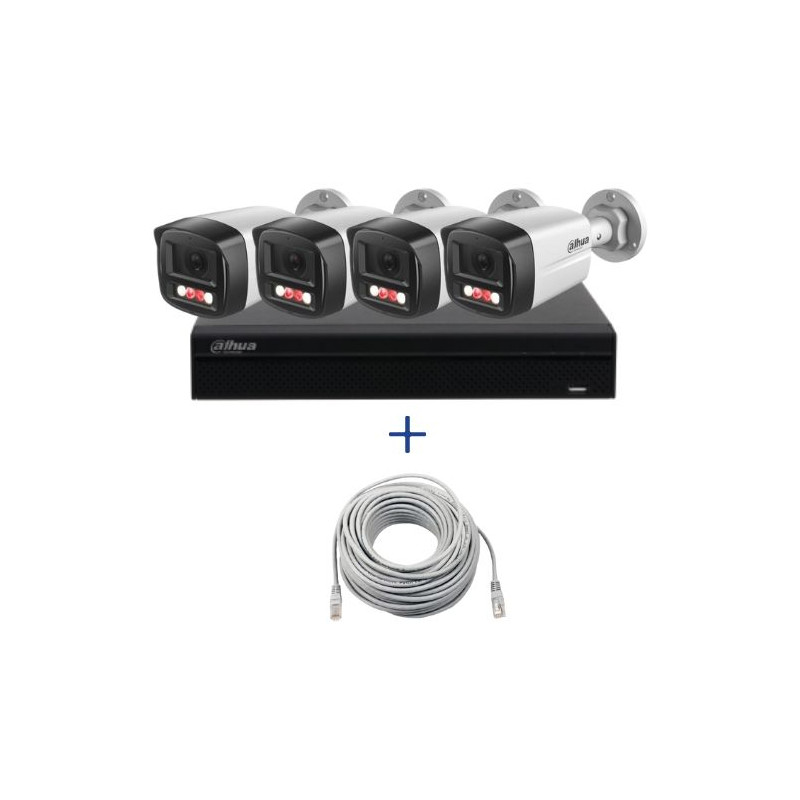 Kit supraveghere Dahua 4 camere 4MP Microfon PoE lentila 2.8mm IR 40m Lumina Alba 30m, NVR 4 canale PoE 8MP si cablu