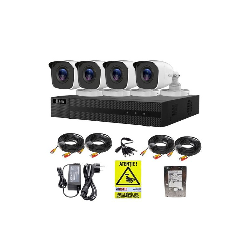 Sistem supraveghere HiLook 4 camere exterior Full HD 2MP infrarosu 20m IP66, DVR 4 canale 2MP, accesorii, HDD 500GB