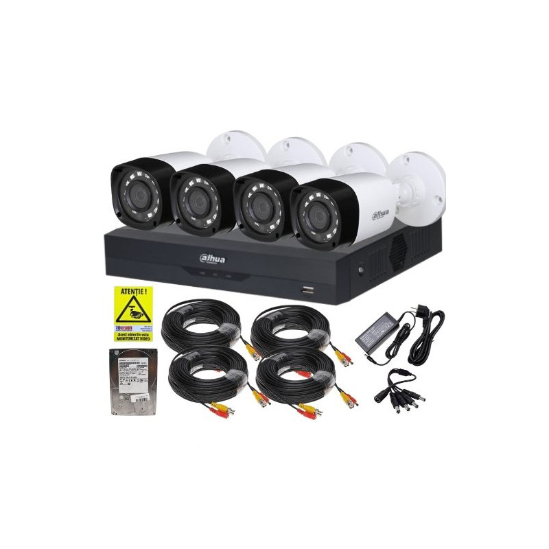 Kit cu montaj inclus Dahua 4 camere 2MP IR 20m, DVR 4 canale 5MP WizSense inteligenta artificiala, accesorii, HDD 500GB