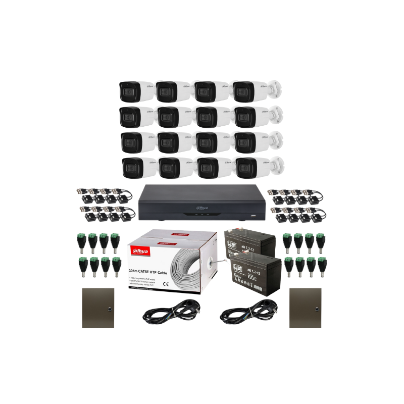 Kit cu montaj inclus 16 camere 4K Ultraprofesional Dahua IR 80m Microfon, DVR 16 canale WizSense 4K-N / 5MP Audio si accesorii