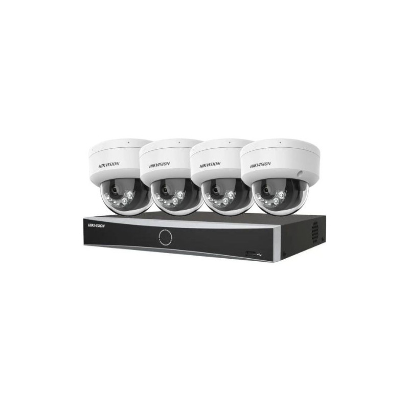 Kit cu montaj inclus Hikvision 4 camere IP 4K IR 30m lumina alba 30m lentila 2.8mm microfon, NVR 4 canale PoE 12MP AcuSense